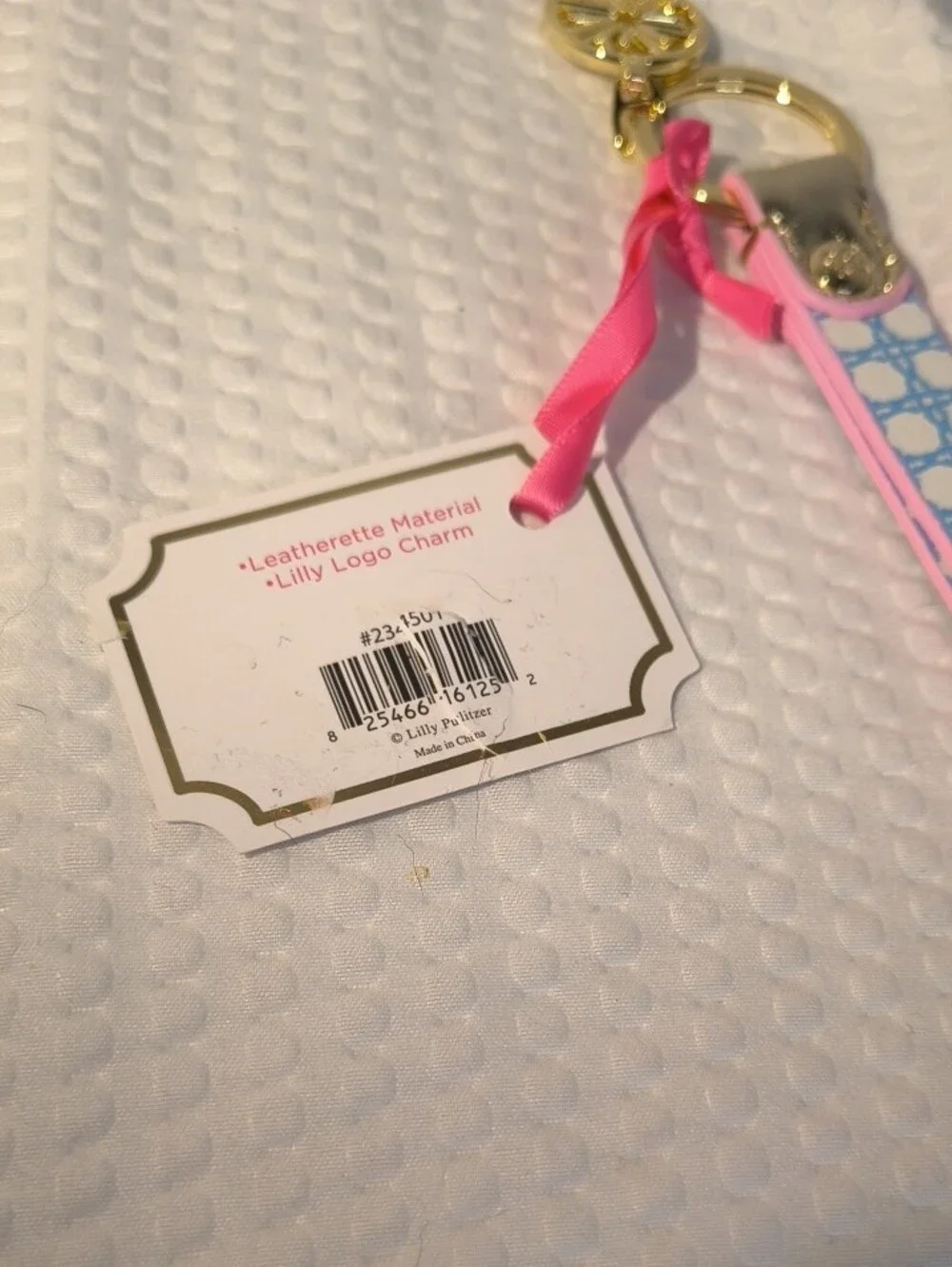 Lilly Pulitzer Pink and Light Blue Patterned Wristlet Keychain With Charm